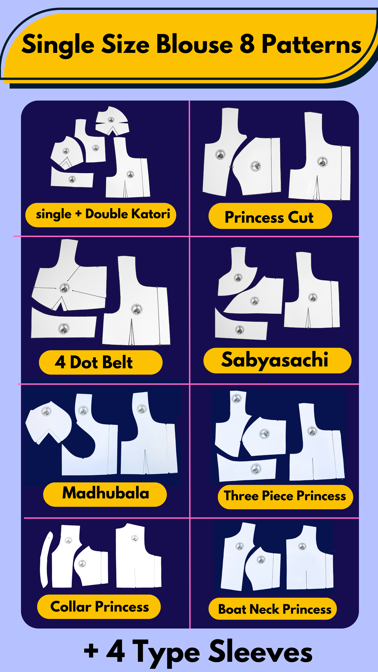 Single Size Blouse 8 Patterns With Book And Free Princess Cut 3 Patterns( 32 36 40 )| Waterproof Leminated Papers With 100% Fitting Guarentee |