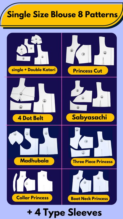 Single Size Blouse 8 Patterns With Book And Free Princess Cut 3 Patterns( 32 36 40 )| Waterproof Leminated Papers With 100% Fitting Guarentee |