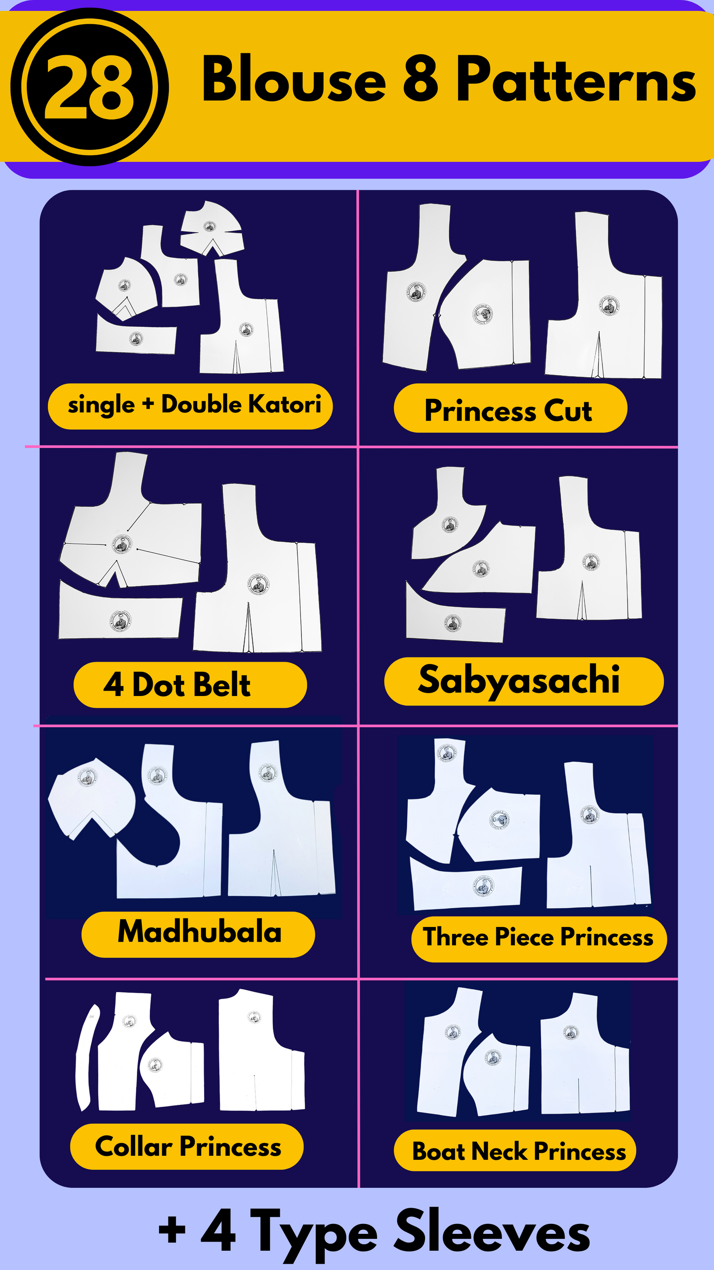 Single Size Blouse 8 Patterns With Book And Free Princess Cut 3 Patterns( 32 36 40 )| Waterproof Leminated Papers With 100% Fitting Guarentee |