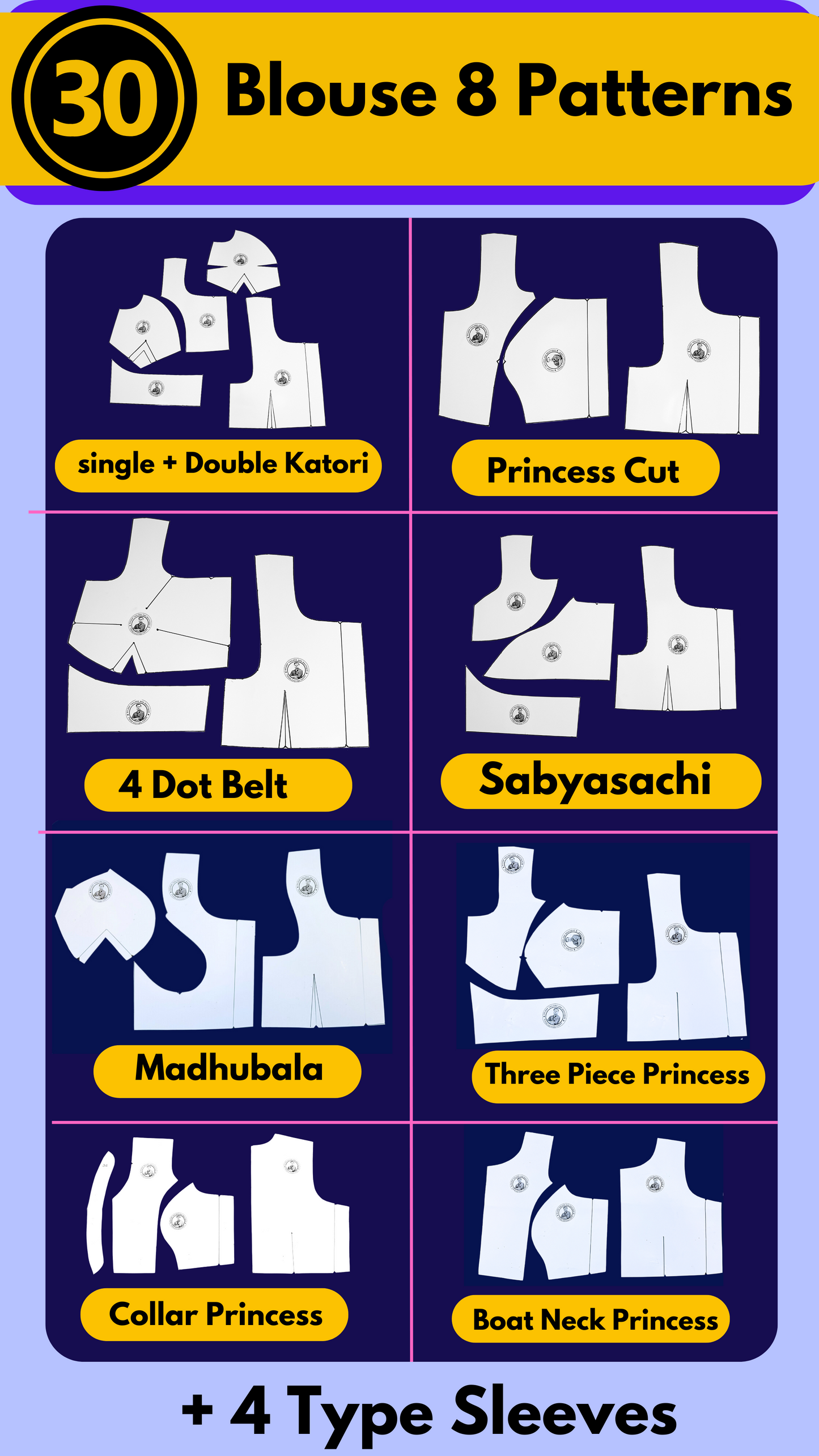 Single Size Blouse 8 Patterns With Book And Free Princess Cut 3 Patterns( 32 36 40 )| Waterproof Leminated Papers With 100% Fitting Guarentee |