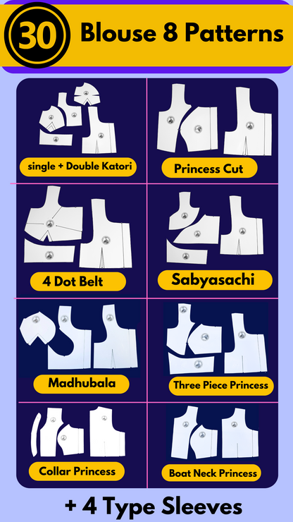 Single Size Blouse 8 Patterns With Book And Free Princess Cut 3 Patterns( 32 36 40 )| Waterproof Leminated Papers With 100% Fitting Guarentee |