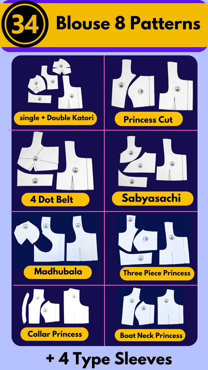 Single Size Blouse 8 Patterns With Book And Free Princess Cut 3 Patterns( 32 36 40 )| Waterproof Leminated Papers With 100% Fitting Guarentee |