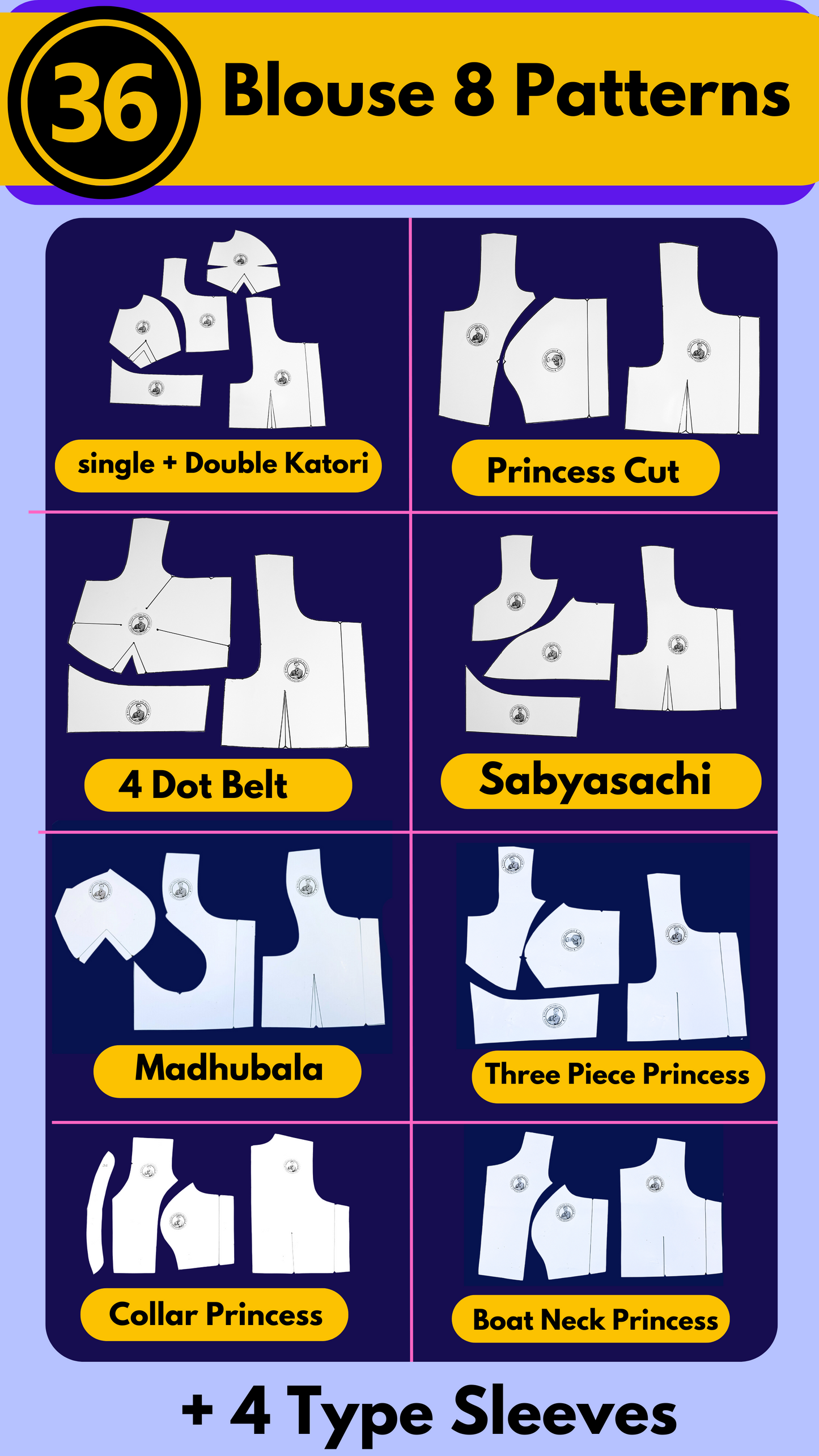 Single Size Blouse 8 Patterns With Book And Free Princess Cut 3 Patterns( 32 36 40 )| Waterproof Leminated Papers With 100% Fitting Guarentee |