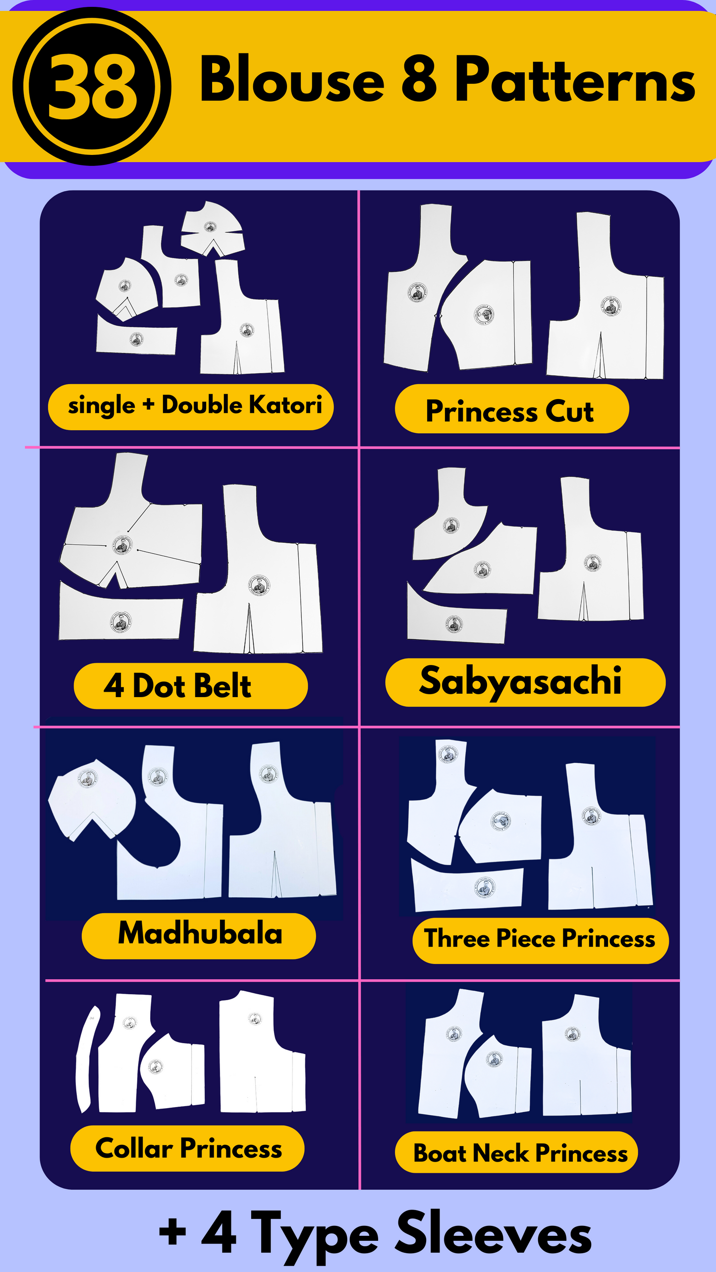 Single Size Blouse 8 Patterns With Book And Free Princess Cut 3 Patterns( 32 36 40 )| Waterproof Leminated Papers With 100% Fitting Guarentee |