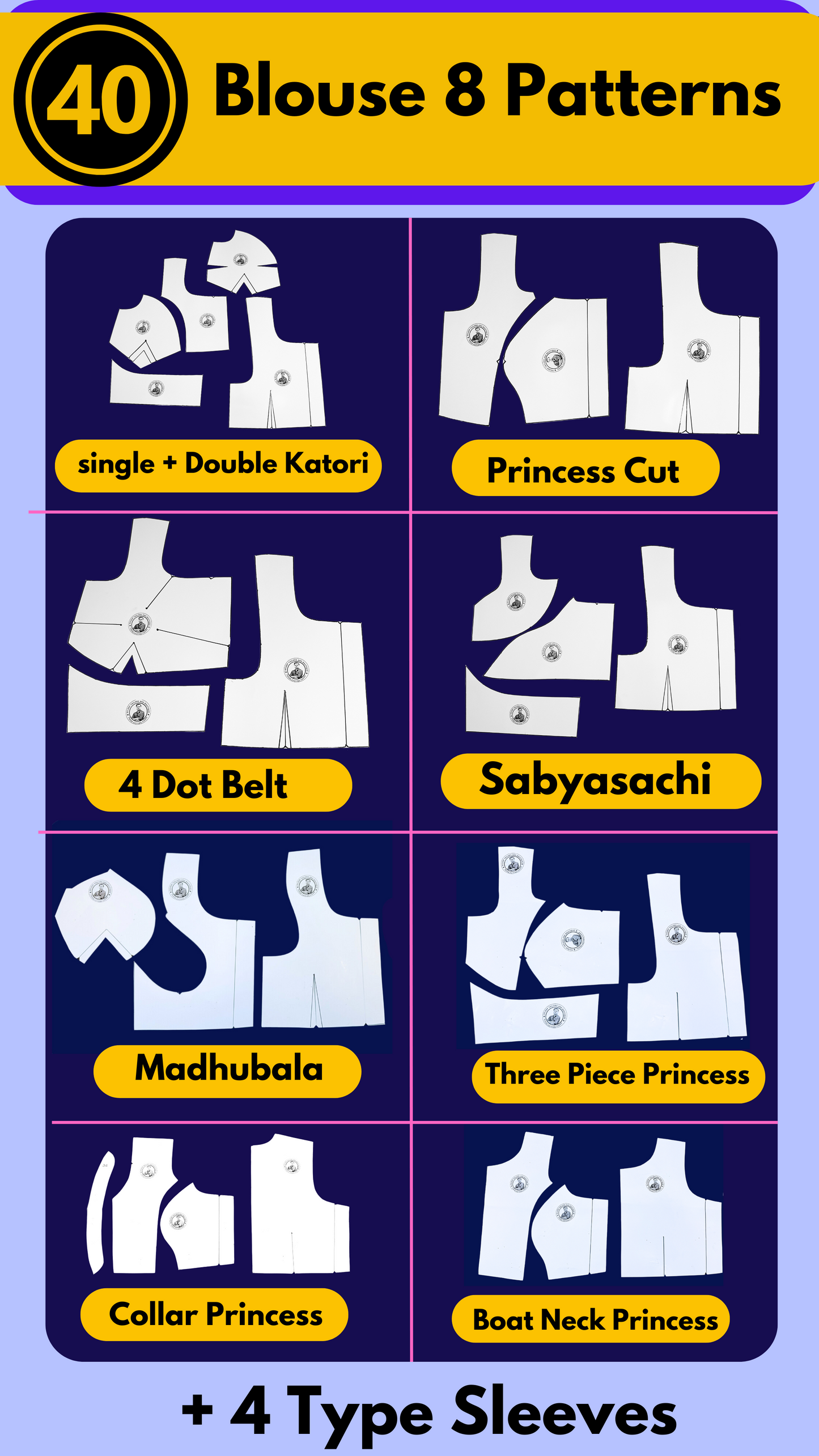 Single Size Blouse 8 Patterns With Book And Free Princess Cut 3 Patterns( 32 36 40 )| Waterproof Leminated Papers With 100% Fitting Guarentee |