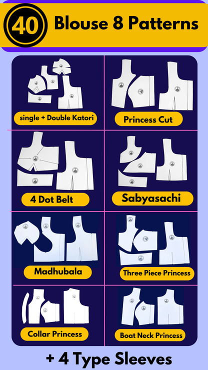 Single Size Blouse 8 Patterns With Book And Free Princess Cut 3 Patterns( 32 36 40 )| Waterproof Leminated Papers With 100% Fitting Guarentee |