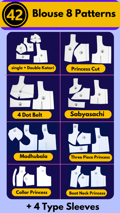 Single Size Blouse 8 Patterns With Book And Free Princess Cut 3 Patterns( 32 36 40 )| Waterproof Leminated Papers With 100% Fitting Guarentee |