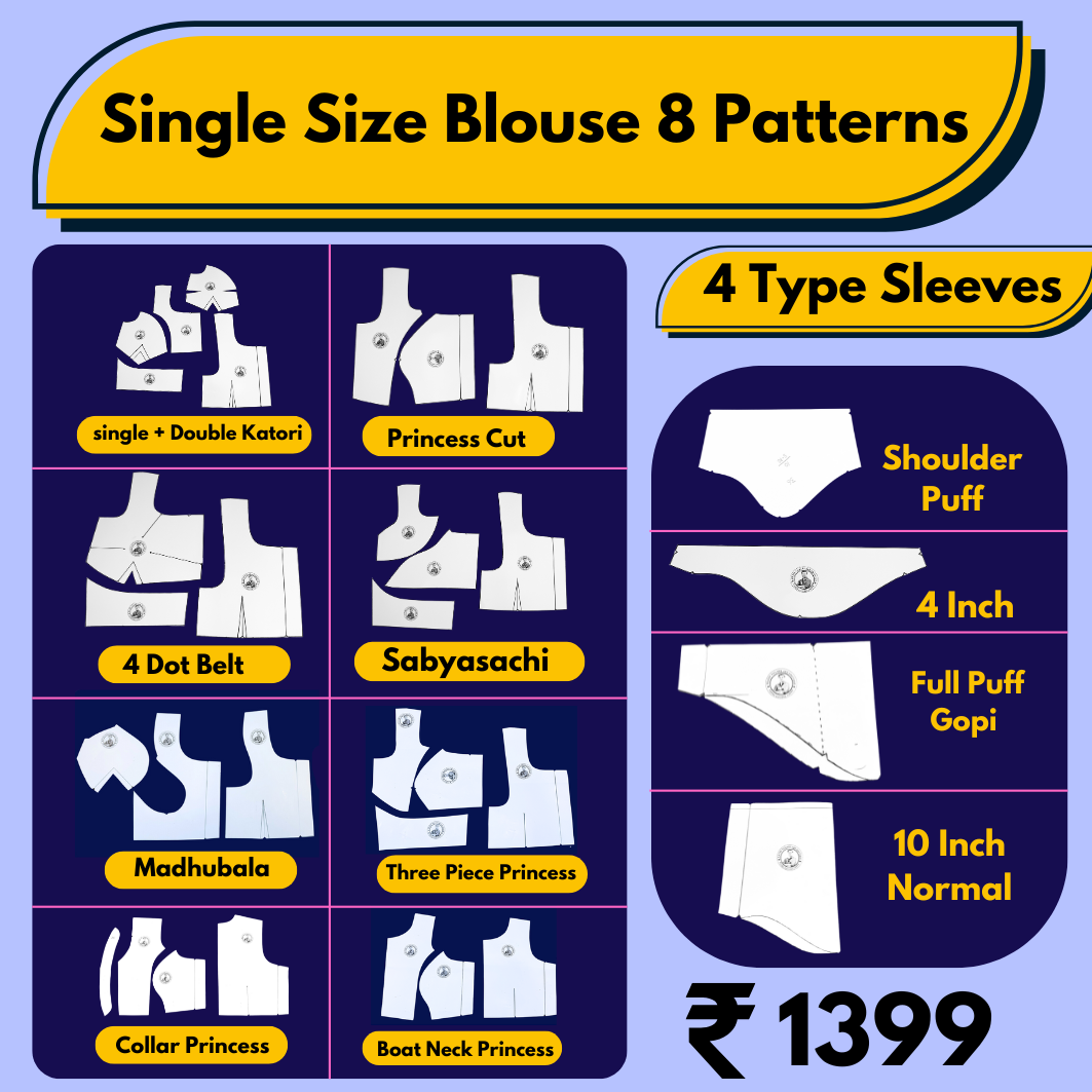 Single Size Blouse 8 Patterns With Book And Free Princess Cut 3 Patterns( 32 36 40 )| Waterproof Leminated Papers With 100% Fitting Guarentee |