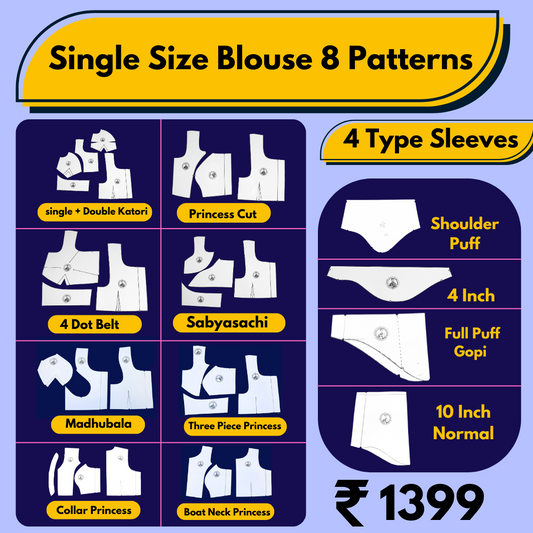 Single Size Blouse 8 Patterns With Book And Free Princess Cut 3 Patterns( 32 36 40 )| Waterproof Leminated Papers With 100% Fitting Guarentee |